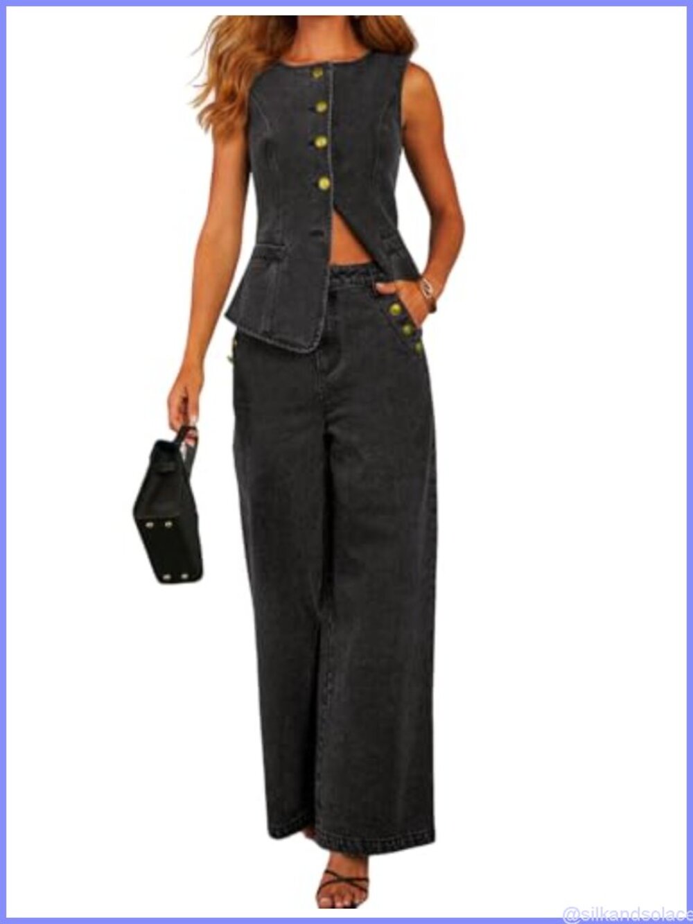 Women's 2pc Denim Vest & Wide Leg Pants Set